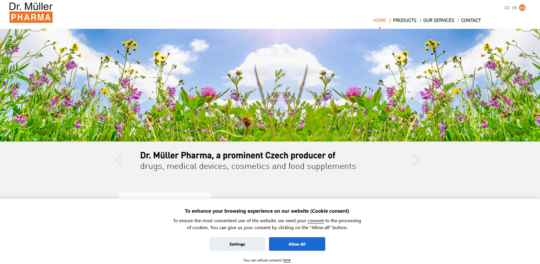Homepage banner of Dr. Müller Pharma showing colorful flowers under a blue sky, promoting natural products and Czech production.